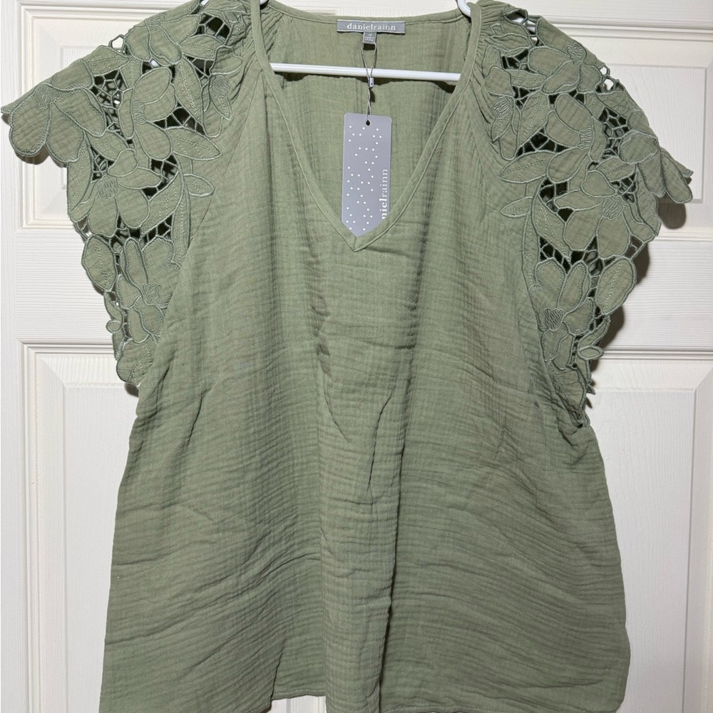 Daniel Rainn Sage Green V-Neck Top with Floral Cutout Sleeves